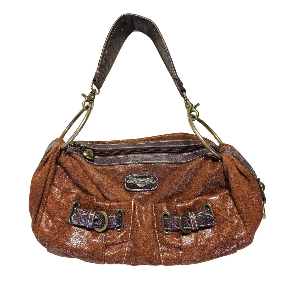 Kathy Van Zeeland Brown Y2K Shoulder Bag Faux Snakeskin Studded Hobo Purse